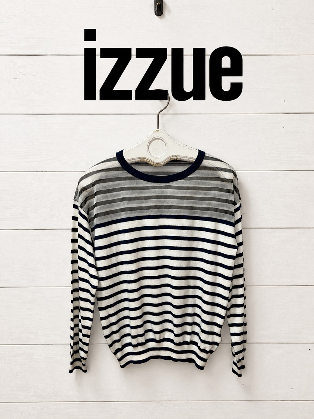 Izzue Sheer Yoke Striped Knit Sweater Women’s Size M White & Navy